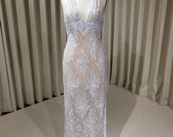 Deep V-neck Lace Floral Mermaid Wedding Dress with Open Back, Custom Beaded Bridal Reception Gown | Candela