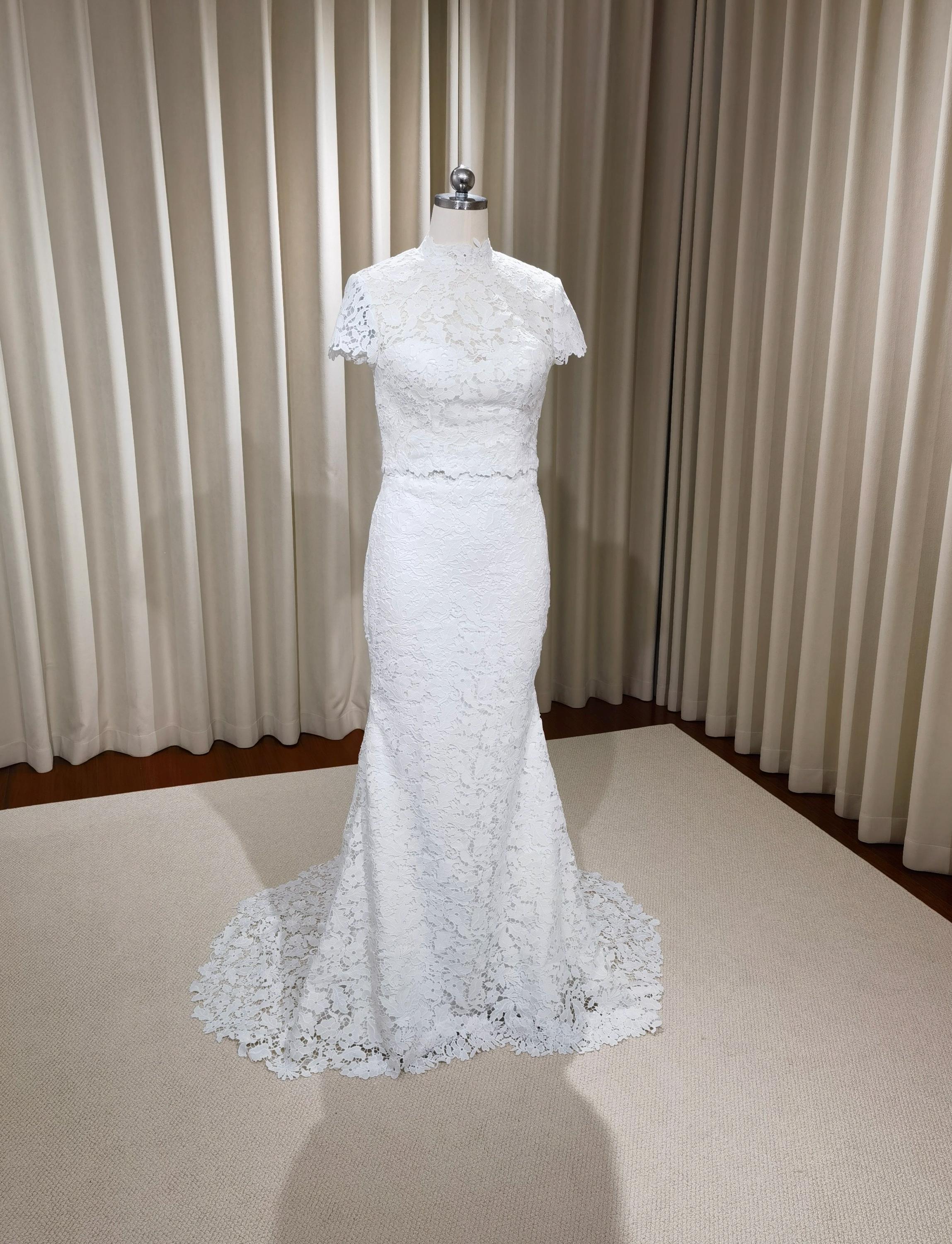 short mermaid style wedding dresses Two Piece Mermaid Wedding Dresses Short Sleeve Lace Beach Wedding Dress   SheerGirl