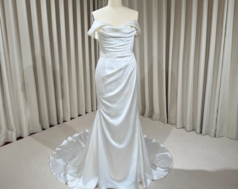 Minimalist Off Shoulder Satin Corset Mermaid Wedding Dress | Elene