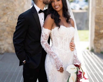 Off the Shoulder Lace Corset Mermaid Wedding Dress with Detachable Long Sleeves, Custom Floral Bridal Gown | Unni
