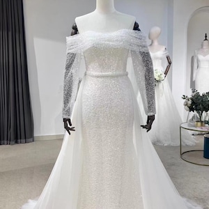 Gloria | Off the Shoulder Long Sleeve Corset Mermaid Wedding Bridal Dress w Detachable Train, Custom sparkling reception courthouse wedding
