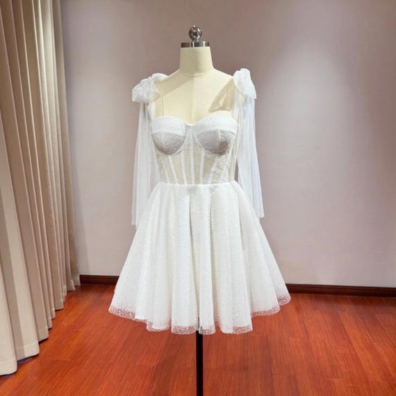 Sparkle Sequins Corset Short Wedding Dress with Detachable Sleeves | Alice