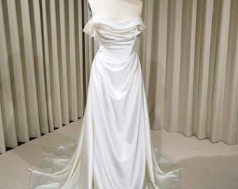 Minimalist Off Shoulder Satin Corset Wedding Dress with Detachable Train |  Viviana