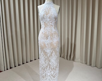 Halter Neck Lace Floral Mermaid Wedding Dress with Open Back | Alyssa
