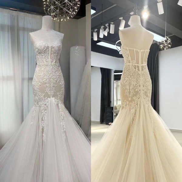 Fairy Lace Mermaid Wedding Bridal Dress, Elegant Romantic Courthouse Civil Wedding Elopement Gown