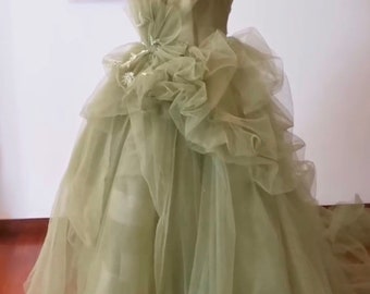 Green Fairy A-line Tulle Wedding Bridal Dress, Prom Party Ball Gown, Bridesmaid Event Dress, Romantic Boho Lolita Princess Sweetheart