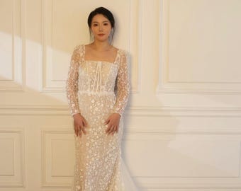 Jessica | Long sleeve corset mermaid wedding dress with 3D flowers, custom unique courthouse wedding dress, fairy elopement reception dress
