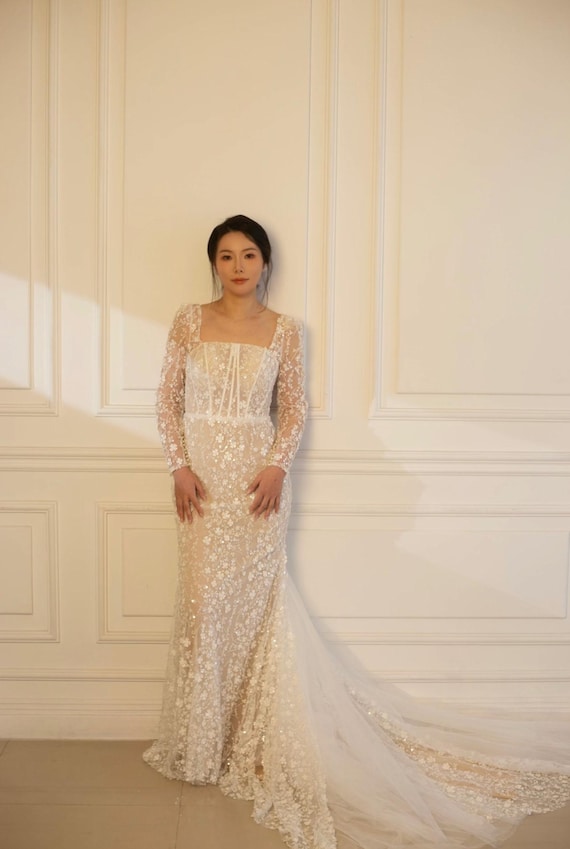 Long Sleeve Square-neck Corset Mermaid Wedding Dress With Beaded 3D Flower  | Jessica - Etsy