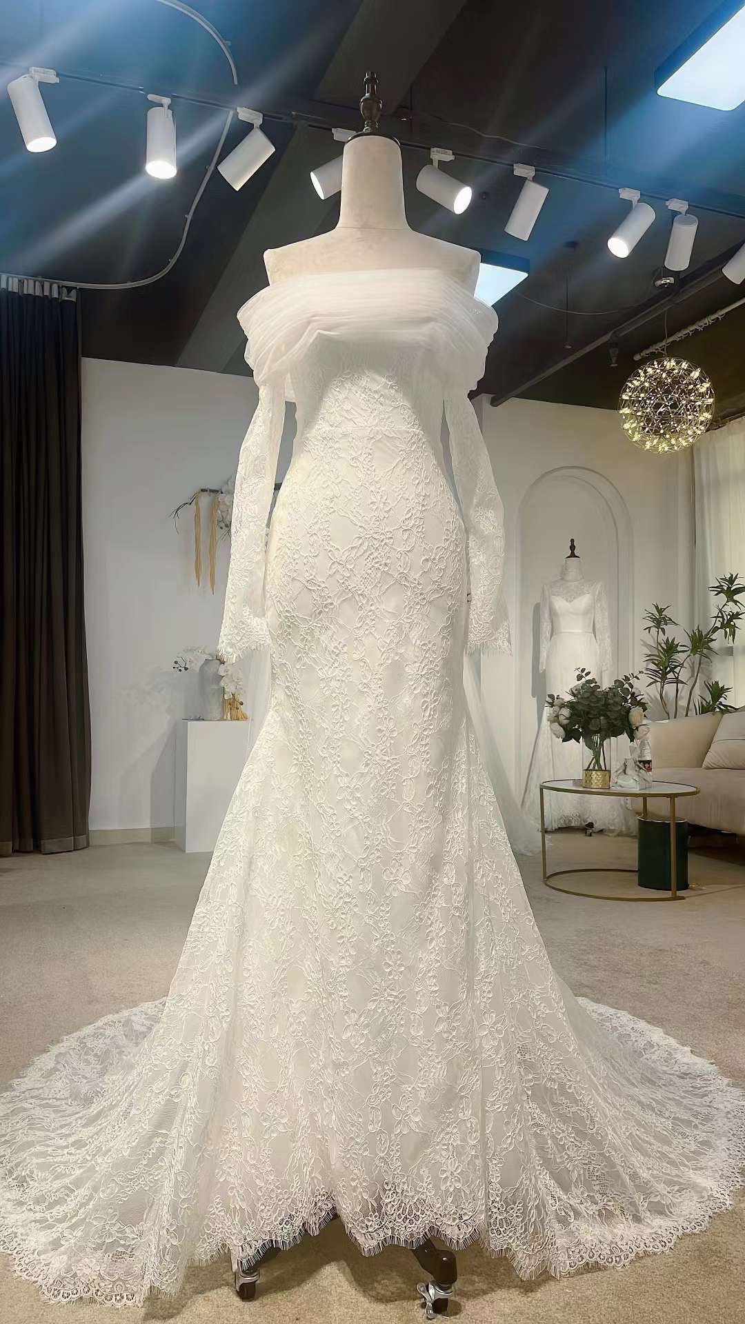 Off Shoulder Long Sleeve Lace Mermaid Wedding Dress with Tulle Cape