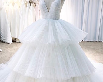 Fairy tulle V-neck Wedding Bridal Dress, Custom Unique Elegant Prom Party Ball Gown, Princess Dress