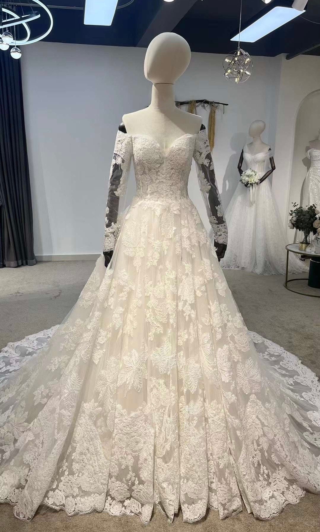 long sleeve ballgown wedding dress for women Ivory Lace Wedding Gown Long Sleeve - Aline Ball Gown Wedding Dress with Lace Bodice and Train