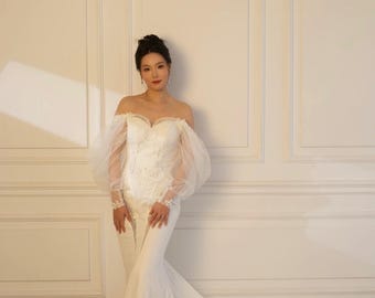 Nova | Long Sleeve Off the Shoulder Lace Mermaid Wedding Dress w detachable Train, Custom Unique Courthouse wedding elope reception dress