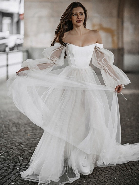 Manga larga Blanco Tul Hada A-linea Vestido de novia Vestido - Etsy España Manga larga Blanco Tul Hada A-linea Vestido de novia Vestido - Etsy España