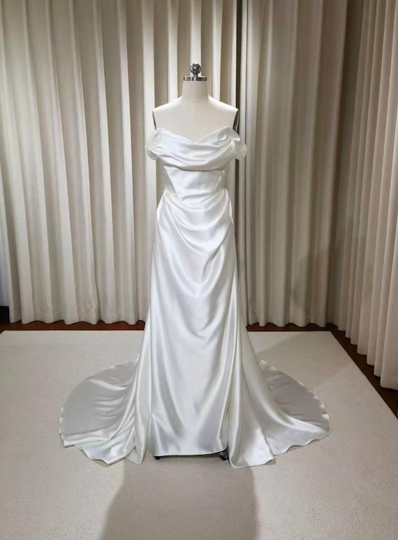 Minimalist Off Shoulder Satin Corset Wedding Dress with Open Back | Sami
