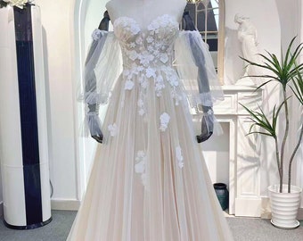 Long Sleeve Fairytale A-line Tulle Wedding Bridal Dress, Custom Off Shoulder Elegant Prom Party Gown, Floral Boho Beach Princess Romantic