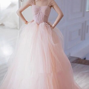 Off the Shoulder Fairy Pink Tulle A-line Wedding Bridal Dress with Detachable Sleeves, Customizable Unique Prom Party Ball Gown image 6