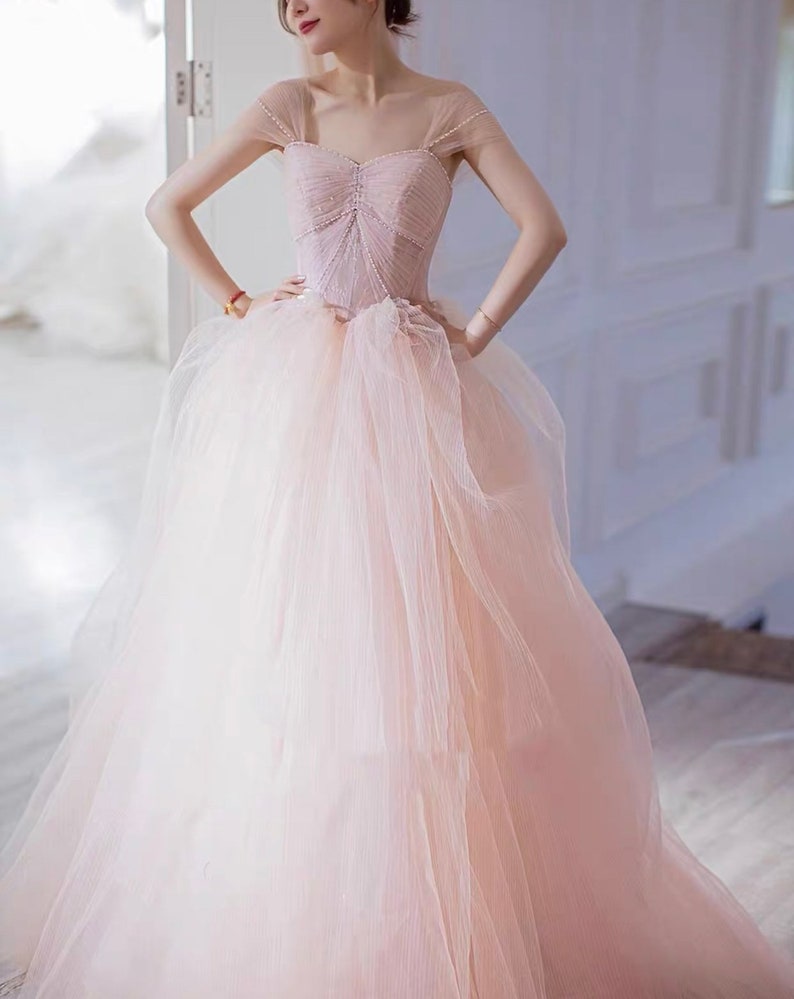 Off the Shoulder Fairy Pink Tulle A-line Wedding Bridal Dress with Detachable Sleeves, Customizable Unique Prom Party Ball Gown image 6