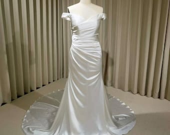 Minimalist Off Shoulder Satin Corset Mermaid Wedding Dress | Michaela