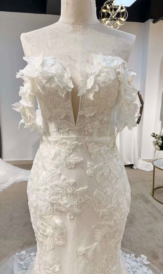 mermaid wedding dress with flowers on bottom Long Sleeves Embroidered Wedding Gown Nox Anabel JE1009L White / Nude / 6