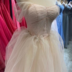 Off the Shoulder Fairy Pink Tulle A-line Wedding Bridal Dress with Detachable Sleeves, Customizable Unique Prom Party Ball Gown