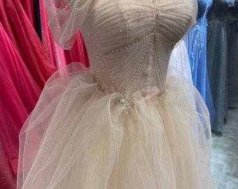 Off the Shoulder Fairy Pink Tulle A-line Wedding Bridal Dress with Detachable Sleeves, Customizable Unique Prom Party Ball Gown