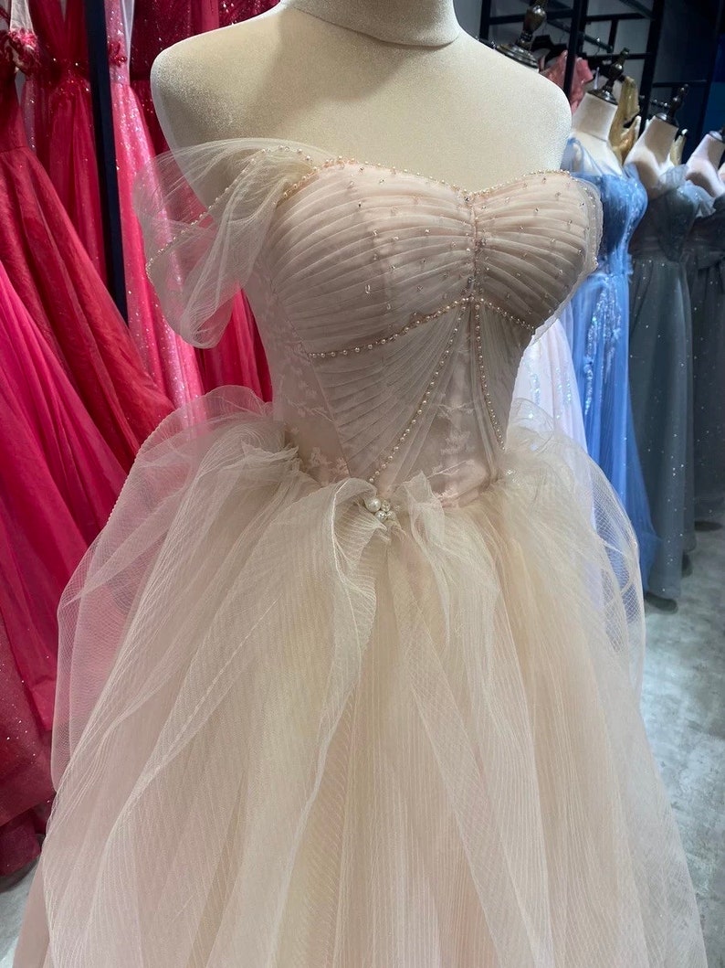 Off the Shoulder Fairy Pink Tulle A-line Wedding Bridal Dress with Detachable Sleeves, Customizable Unique Prom Party Ball Gown image 1