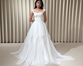 Two Piece Satin Corset Wedding Dress with Silk Draping, Off Shoulder Bridal Ball Gown | Brooke