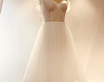 Minimalist Off Shoulder Tulle Midi Wedding Dress