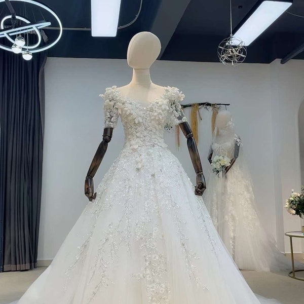 Fairytale 3D Floral Short Sleeve Wedding Princess Ball Gown, Custom Luxury Unique Bridal Dress