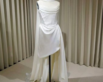 Minimalist Satin Corset High Low Wedding Dress with Scarf | Nour