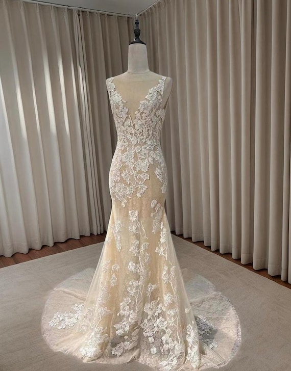Deep V Neck Lace Mermaid Wedding Dress With Open Back - Etsy