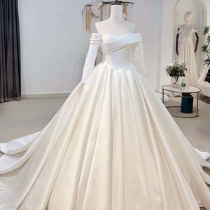 Madeline | Minimalist Off the Should Long sleeves Satin Corset Wedding Ballgown, Unique Custom Courthouse Civil Wedding Dress