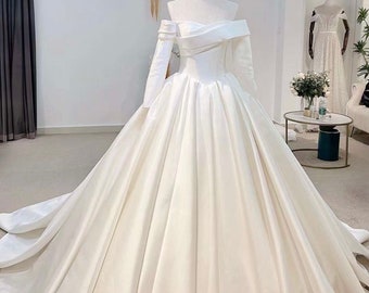 Long Sleeve Off Shoulder Mikado Corset Basque Waist Wedding Ballgown | Madeline