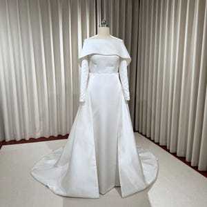 Long Sleeve Off Shoulder Satin Mermaid Wedding Dress with Detached Train