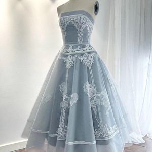 Delphine | Unique blue midi wedding dress, Rehearsal dinner dress, Elopement Dress, Bridal shower Engagement Blue homecoming/prom dress