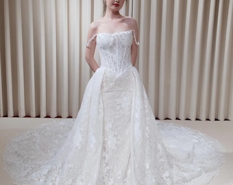 Off Shoulder Straps Lace Corset Basque Waist Mermaid Wedding Dress with Detachable Matching Lace Train | Rosalie