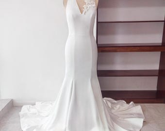 Satin V-Neck Halter Mermaid Wedding Dress with 3D Flowers and Open Back, Custom Bridal Gown | Elora
