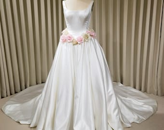 Minimalist Satin Corset Basque Waist Wedding Ballgown with Handmade Flowers and Detachable Bow | Abigail