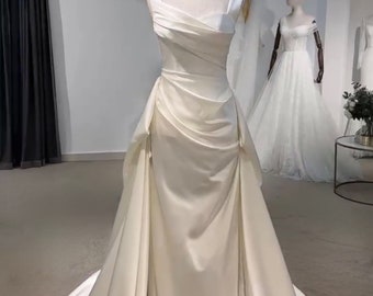 Minimalist Satin Mermaid Wedding Prom Dress, Custom Simple Elegant Reception Gown, Unique Elopement Dress for Courthouse Wedding