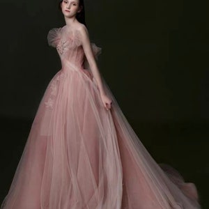 Pink Fairy A-line Tulle Wedding Dress with Handmade Flower Romantic Boho Lolita Princess Bridal Prom Party Gown