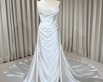 Minimalist Satin Corset Wedding Dress with Scarf and Detachable Train & Sleeves | Molly