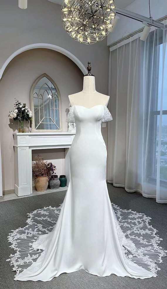 chinese dress ladies Mermaid Satin Lace Formal Wedding Dresses Off the Shoulder Sleeveless –  MyChicDress