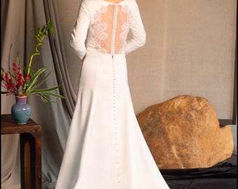 Long Sleeve Twilight Satin Wedding Dress with Lace Back | Bella