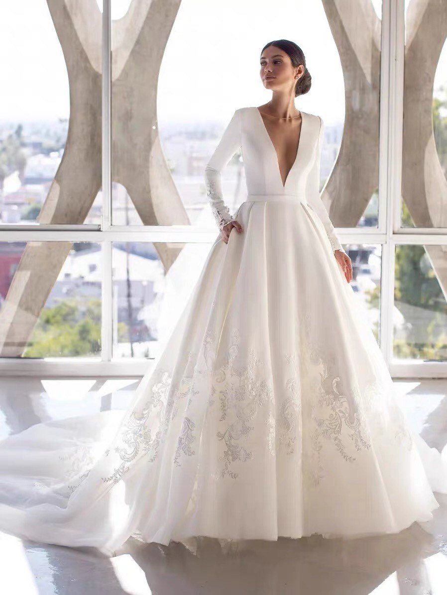 Pearl White Satin Pronovias Long Sleeve A-Line Wedding Bridal Dress Custom Deep V-Neck Elegant Prom Party Gown Fairy Boho Princess Classic