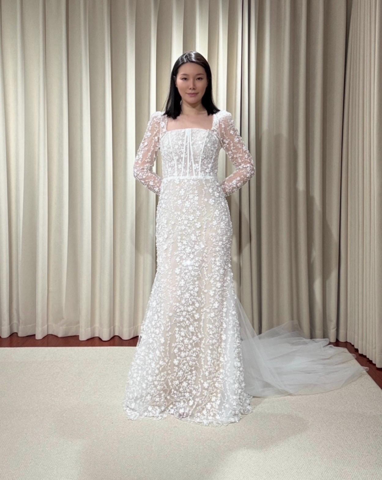 Long Sleeve Square-Neck Corset Mermaid Wedding Dress with Beaded 3D Flower | Jessica