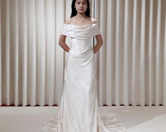 Off the Shoulder Floral Jacquard Satin Corset Basque Waist Wedding Dress with Scarf, Custom Bridal Gown | Jade