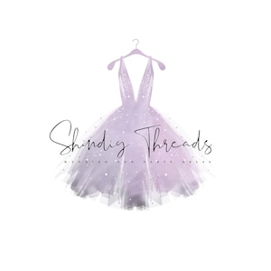 May include: A logo for a business called "Shindig Threads" that specializes in wedding and party dresses. The logo features a purple, sparkly, tulle dress on a hanger.
