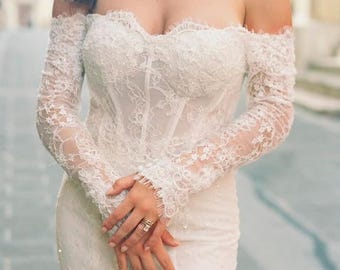 Hailey | Long Sleeve Off Shoulder Lace Wedding Dress, Mermaid Bridal Gown, Custom Fairy & Romantic Dress