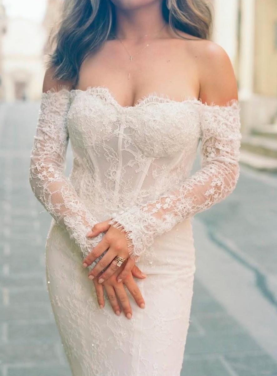 Hailey | Long Sleeve Off Shoulder Lace Wedding Dress, Mermaid Bridal Gown, Custom Fairy & Romantic Dress