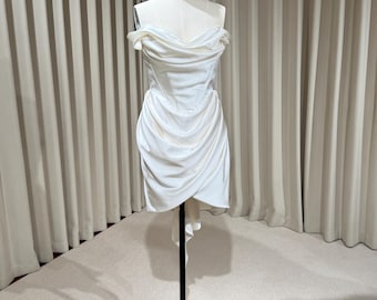 Minimalist Off Shoulder Satin Corset Short Wedding Dress | Blaire